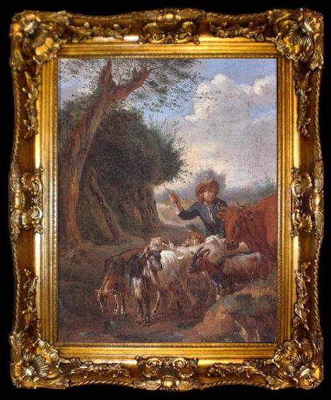 framed  unknow artist A Young herder with cattle and goats in a landscape, ta009-2